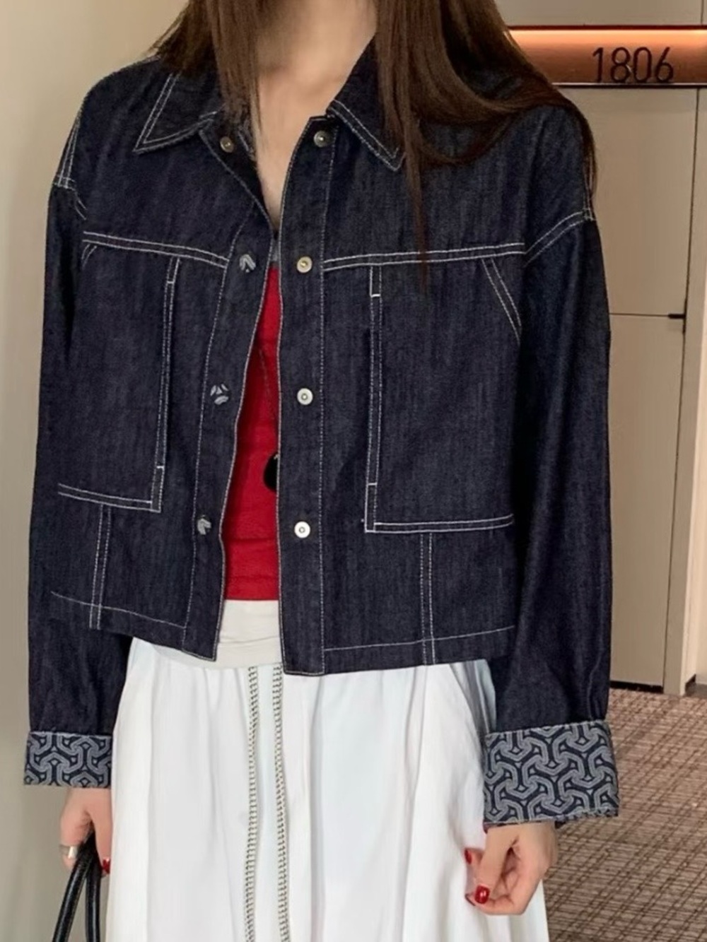 Dark Indigo Denim Jacket with Patterned Cuff and Collar